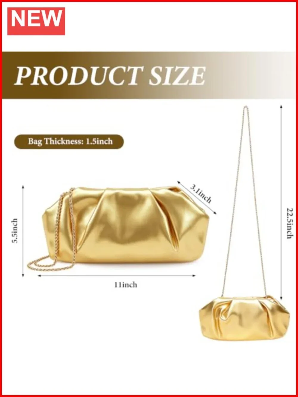 Gold Evening Clutch Purse with Detachable Chain - Faux Leather Pleated